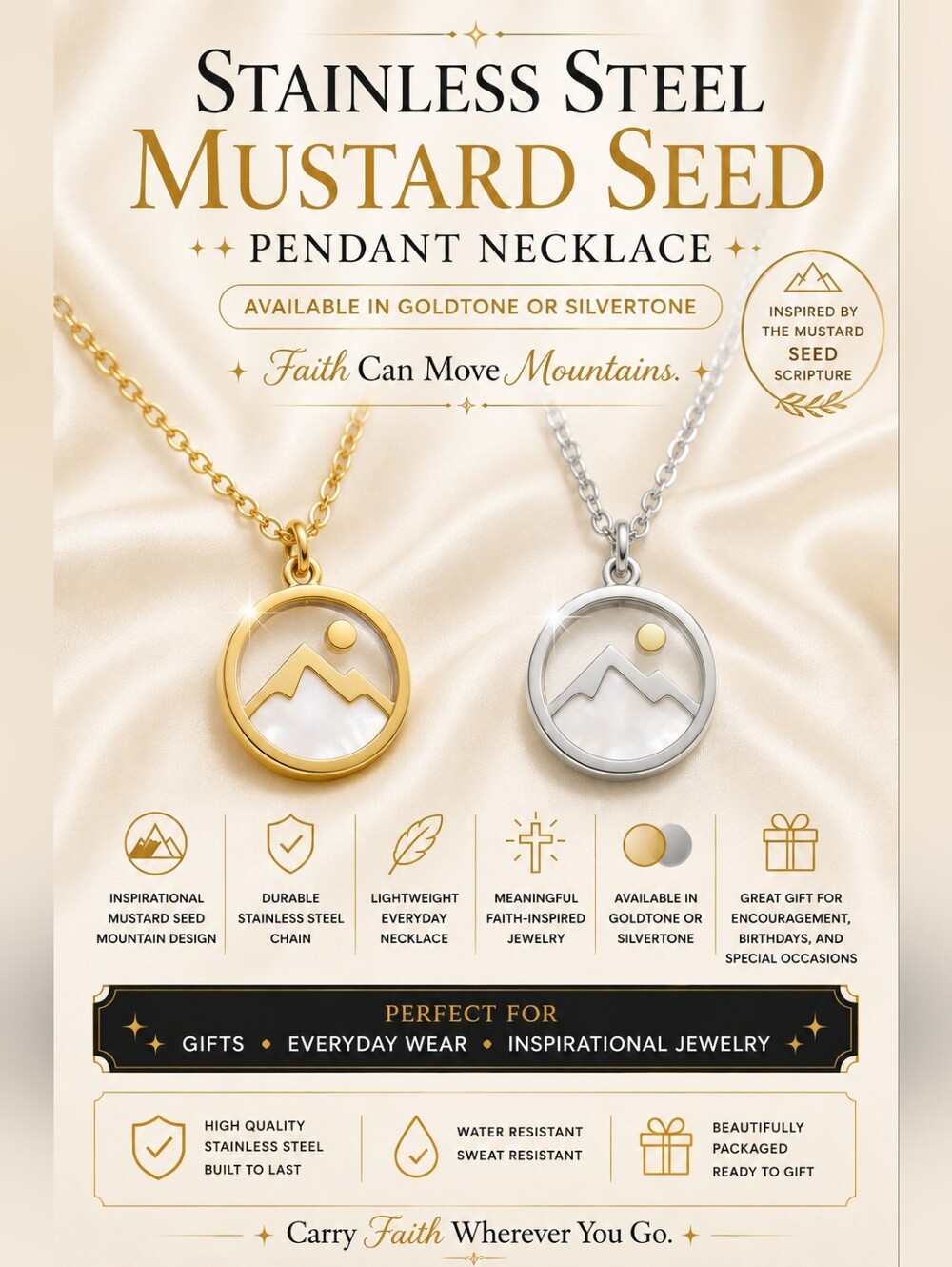 Stainless steel Gold or Silver Mustard Seed pendant.